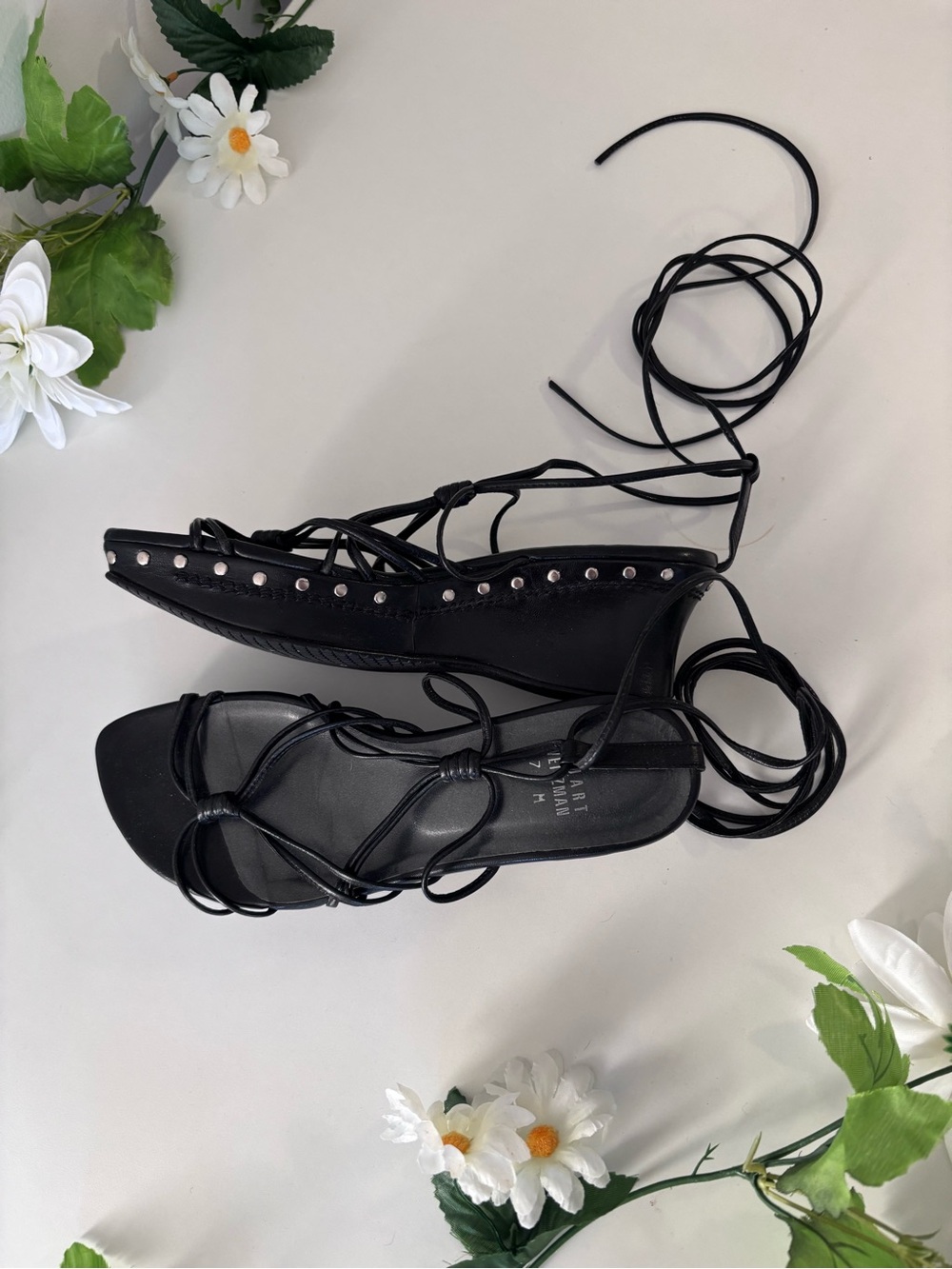 Stuart Weitzman Adjustable Black Lace-Up Silver Studded Wedge Heels Size 7